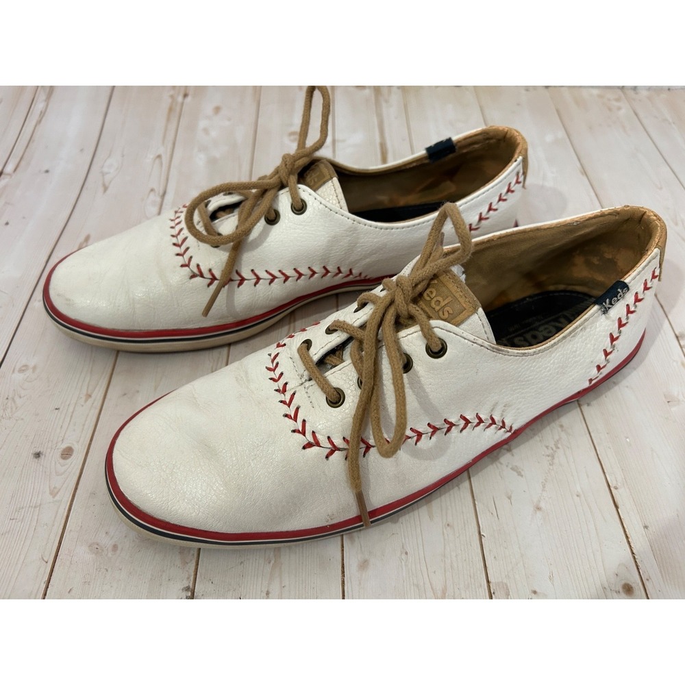 Keds Women's Sz 9.5‎ Pennant Leather Baseball Stitched Shoes White/Red Softball
